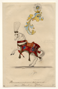 32772 Afbeelding van een ontwerp van de sjabrak van het paard van hertog Karel van Gelre, figurant in de maskerade van ...